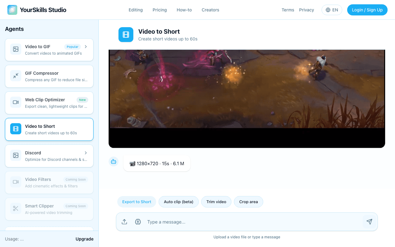 Video to Short agent after loading a gameplay demo with the Auto clip beta action visible