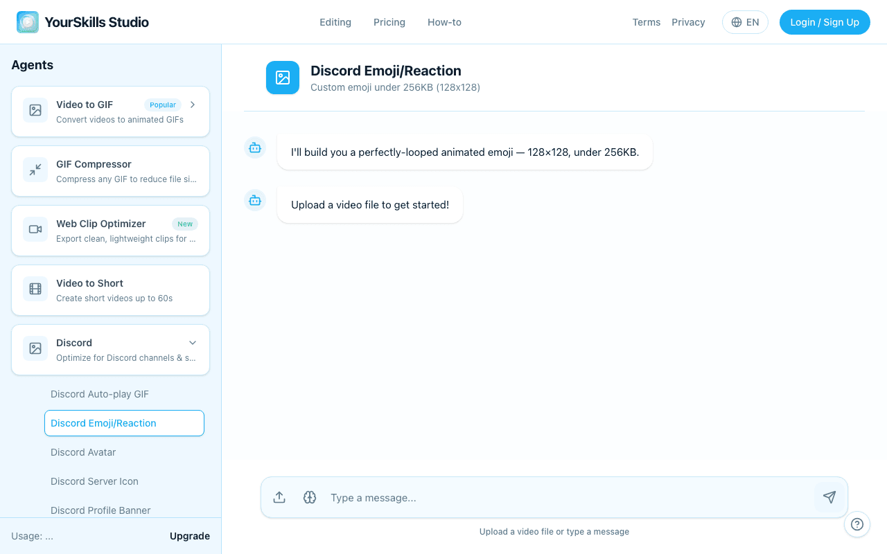 Discord Emoji Maker waiting for a video upload before emoji sizing