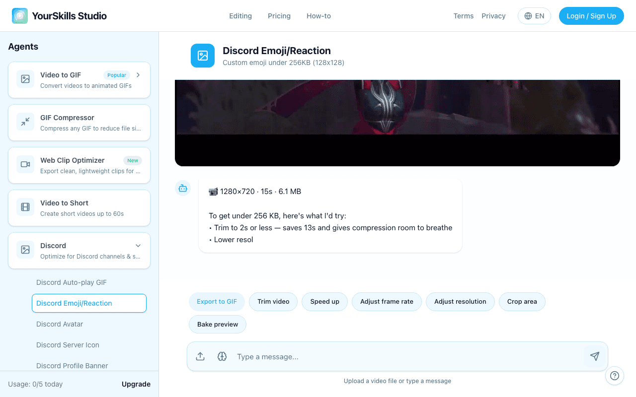 Discord Emoji Maker after upload showing Crop area and compression actions