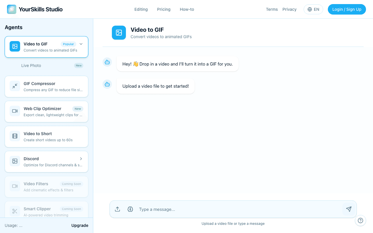 Video to GIF tool interface ready for video upload