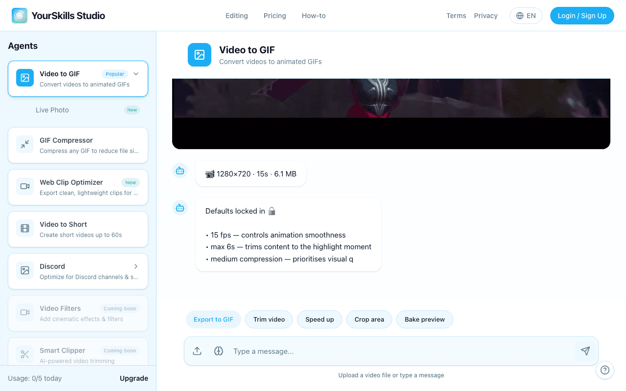 Video to GIF Agent after uploading an MP4, showing export and edit action buttons