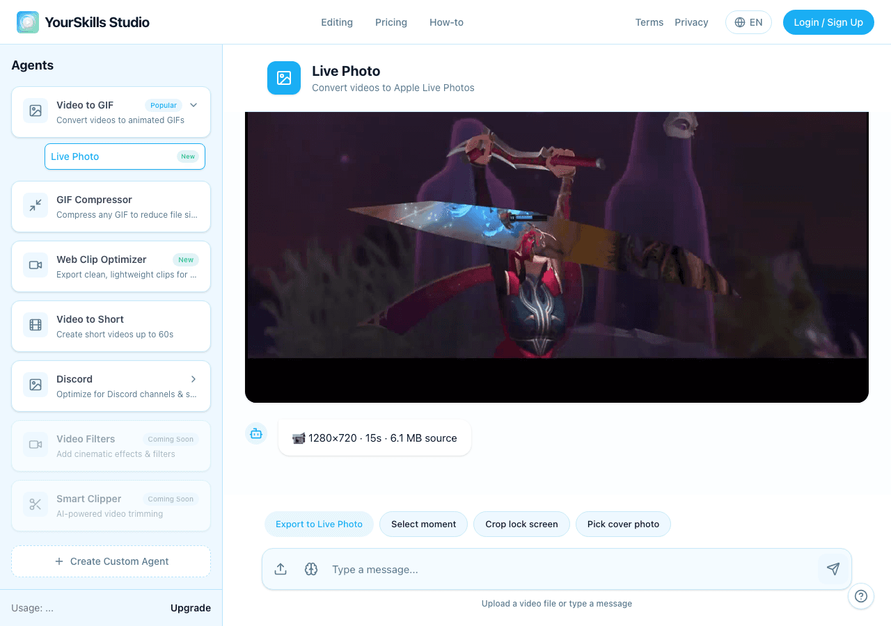 Uploaded video preview in the Live Photo converter with segment, crop, and cover controls