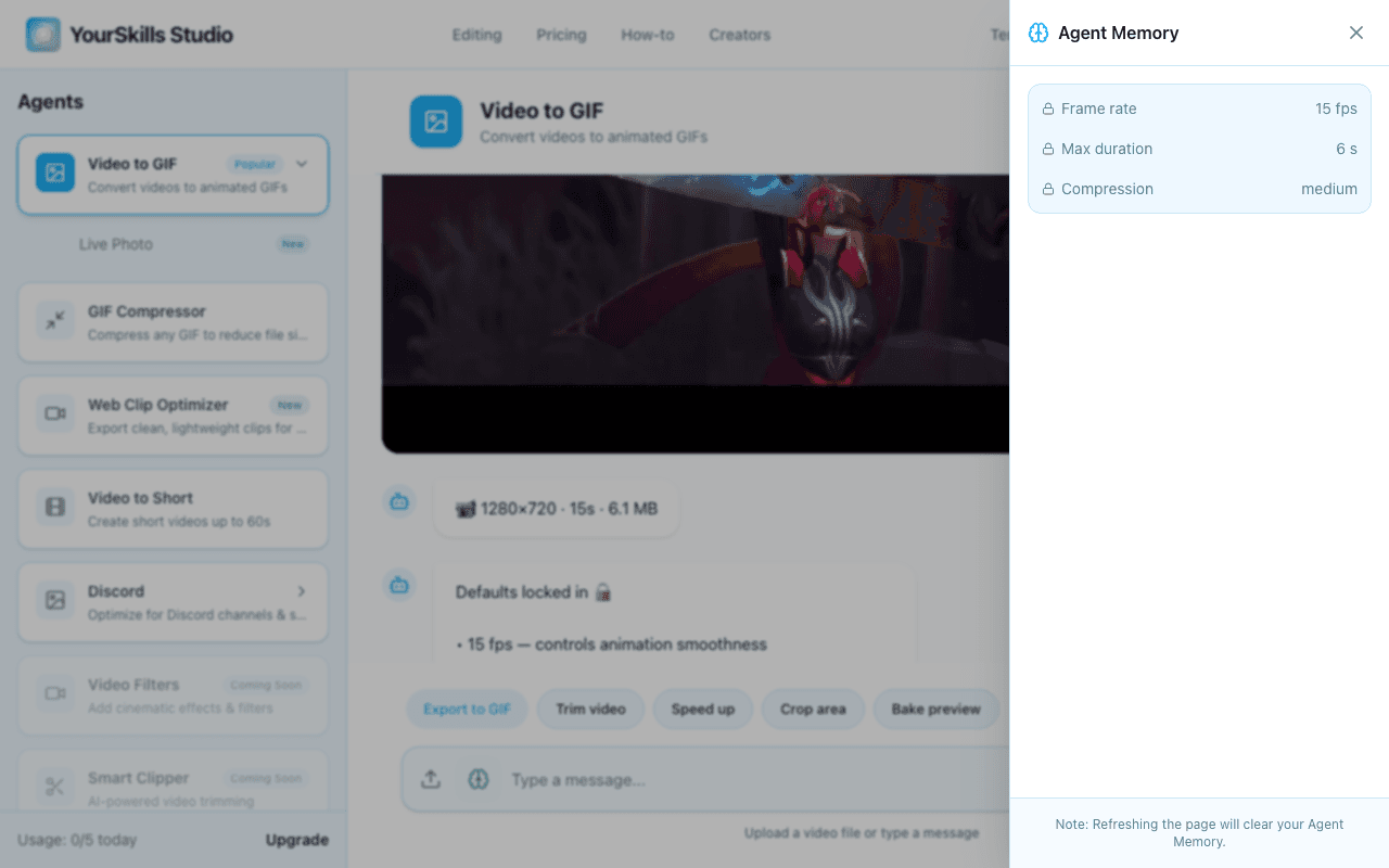Agent Memory drawer open in YourSkills Studio showing locked frame rate, max duration, and compression defaults