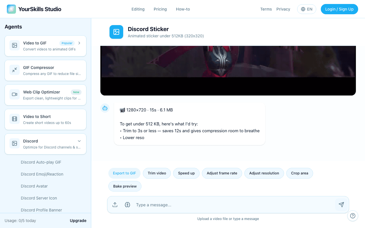 Discord Sticker Maker after uploading a video, showing Export to GIF, Trim video, Speed up, Adjust frame rate, Adjust resolution, Crop area, and Bake preview actions